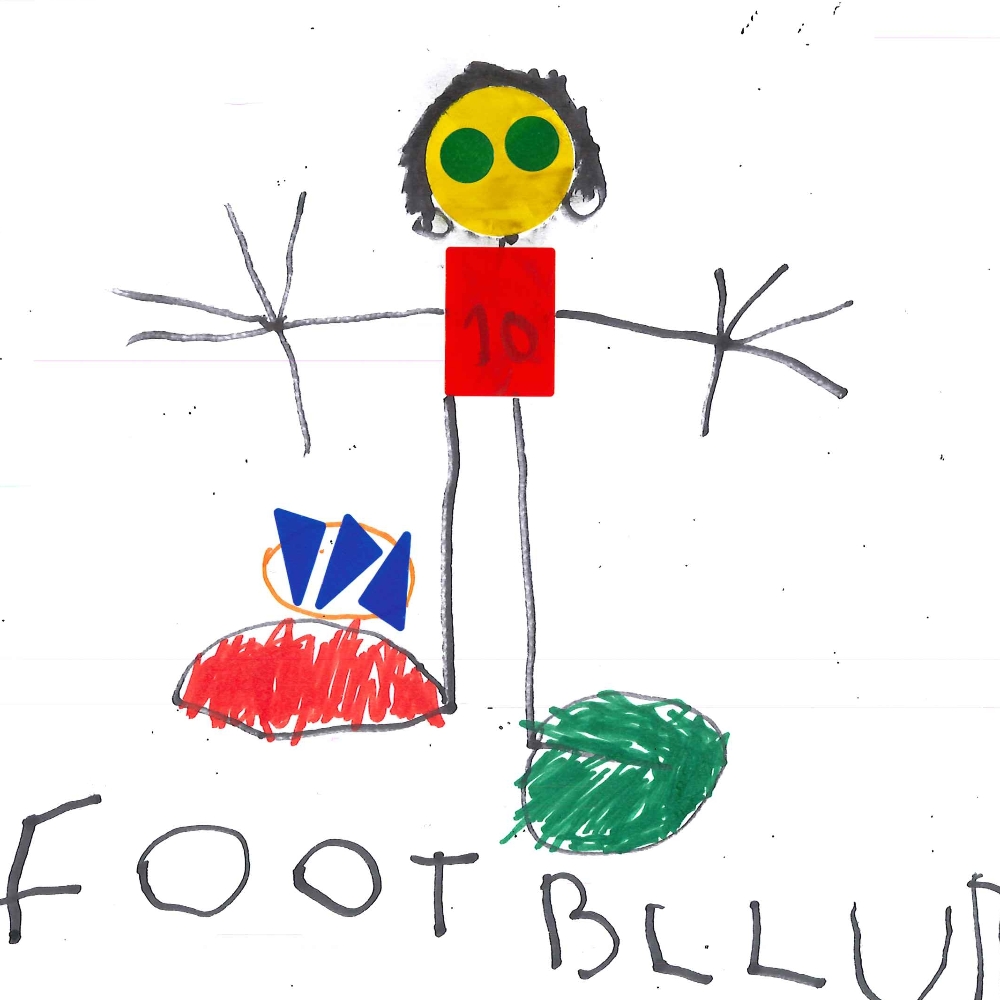 Dessin de Abdoul (5 ans). Mot: Footballeur, FootballeuseTechnique: Gommettes.