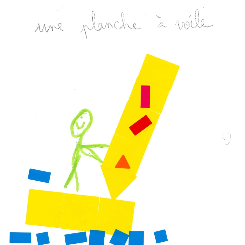 Dessin de Hélène (3 ans). Mot: Planche à voileTechnique: Gommettes.