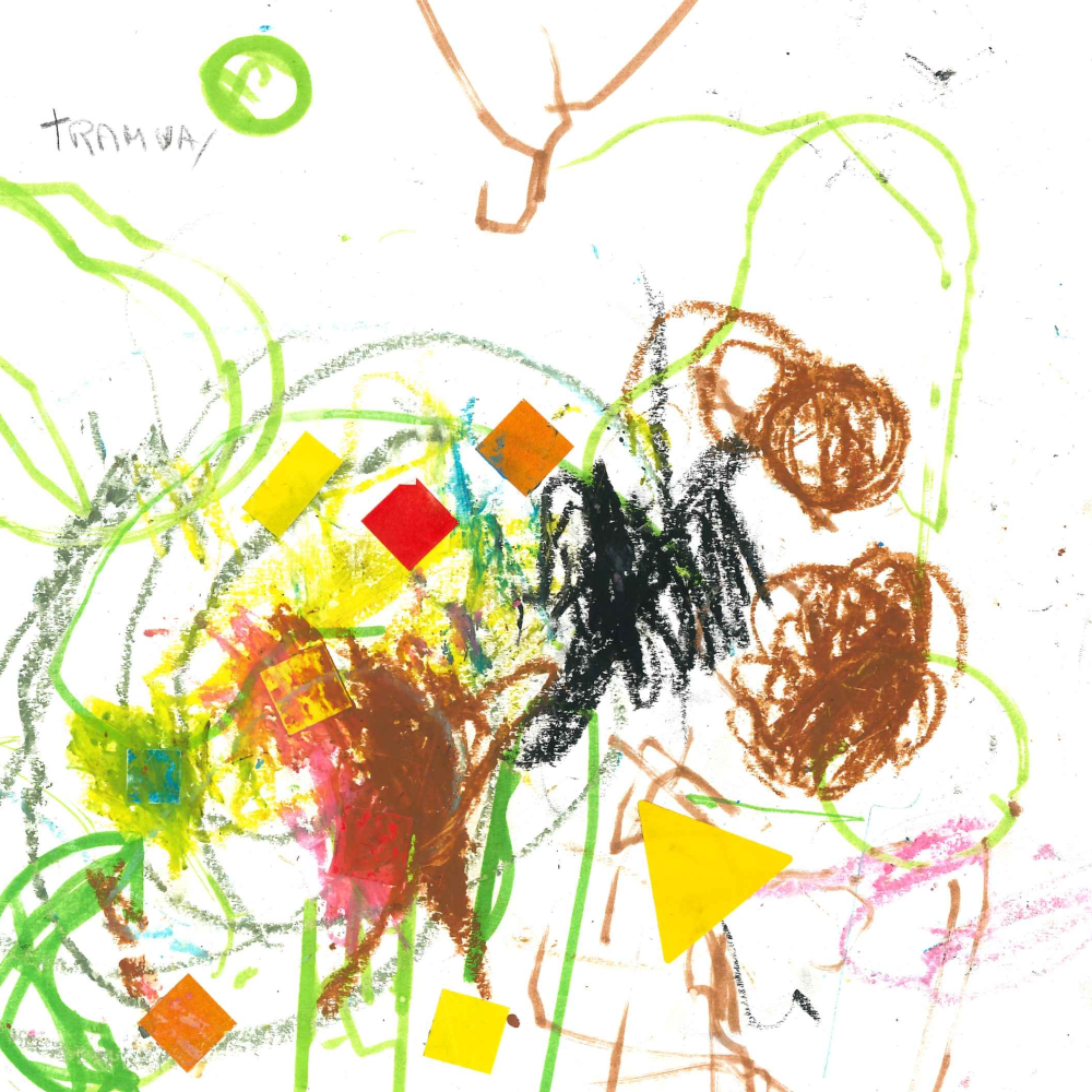 Dessin de Léon (3 ans). Mot: TramwayTechnique: Pastels.