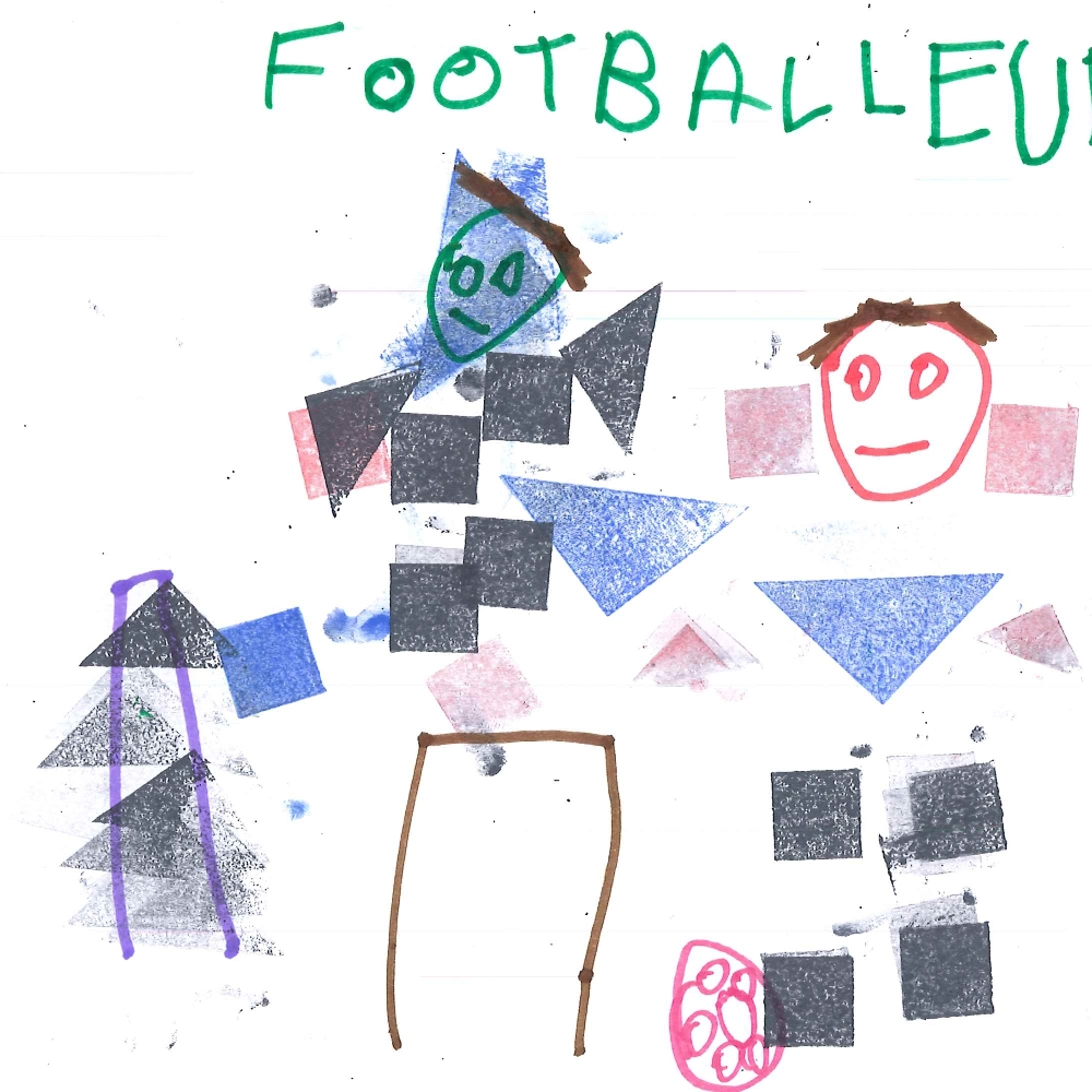 Dessin de Olivia (5 ans). Mot: Footballeur, FootballeuseTechnique: Tampons.
