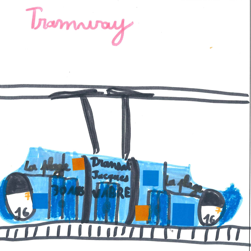 Dessin de Célia (9 ans). Mot: TramwayTechnique: Feutres.