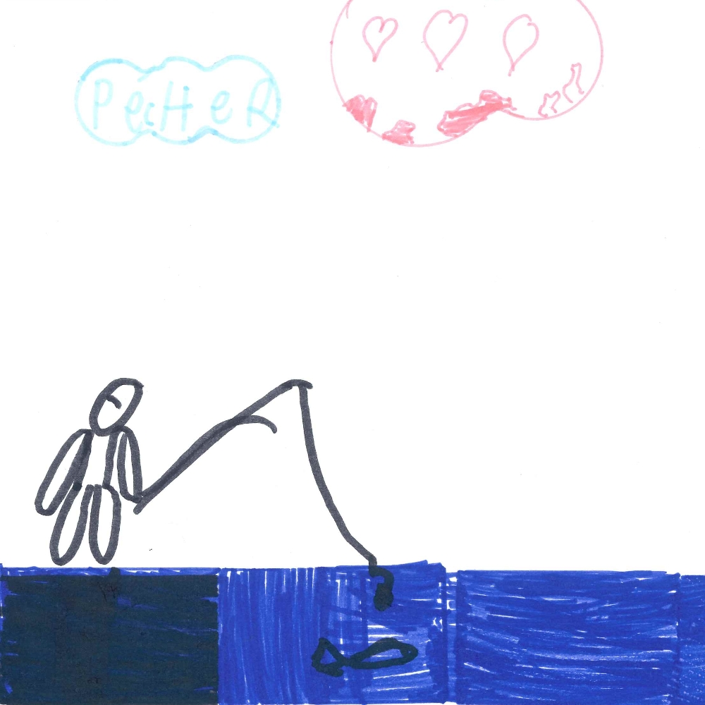 Dessin de Aisha (7 ans). Mot: Pêcheuse, PêcheurTechnique: Feutres.