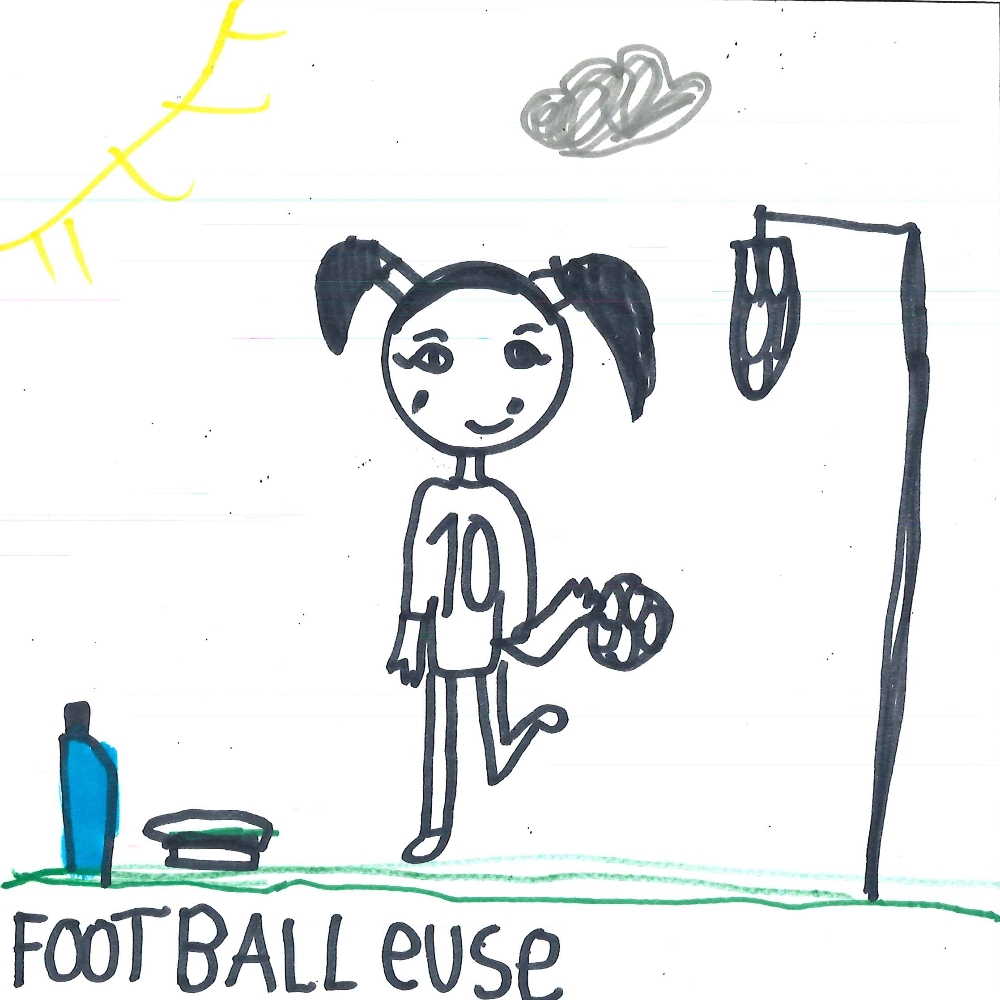 Dessin de Mila (6 ans). Mot: Footballeur, FootballeuseTechnique: Feutres.