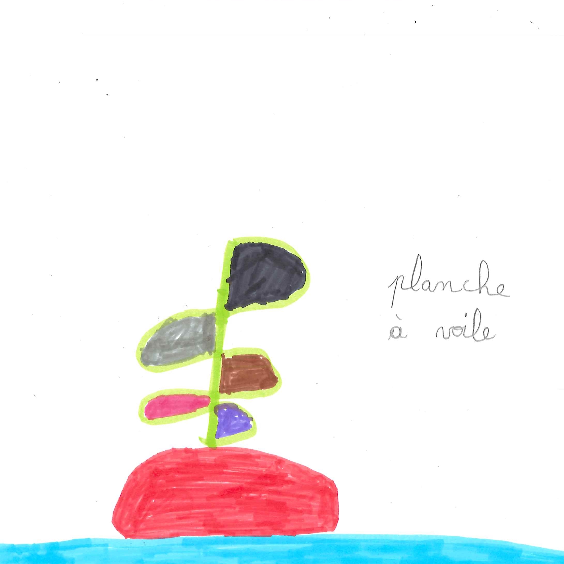 Dessin de Abisola (7 ans). Mot: Planche à voileTechnique: Feutres.