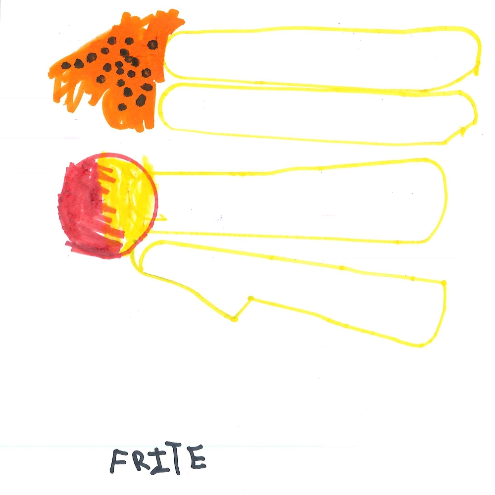 Dessin de Yhana (5 ans). Mot: Frites à VictorTechnique: Normographe.