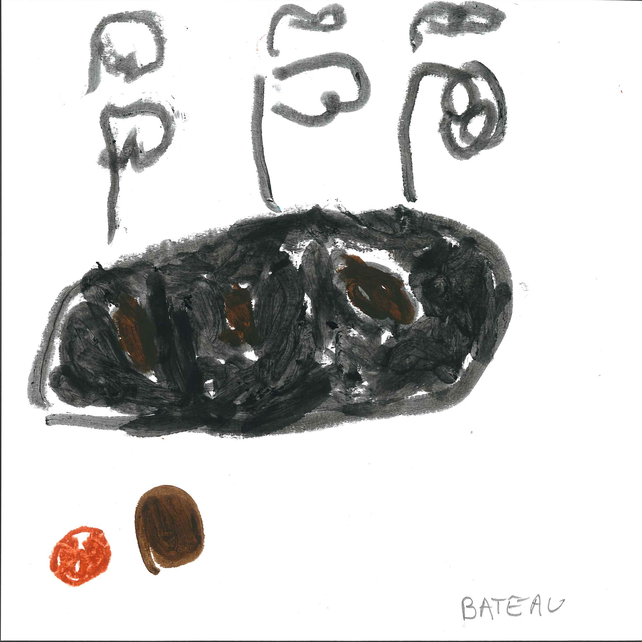 Dessin de Manoé (6 ans). Mot: BateauTechnique: Peinture.