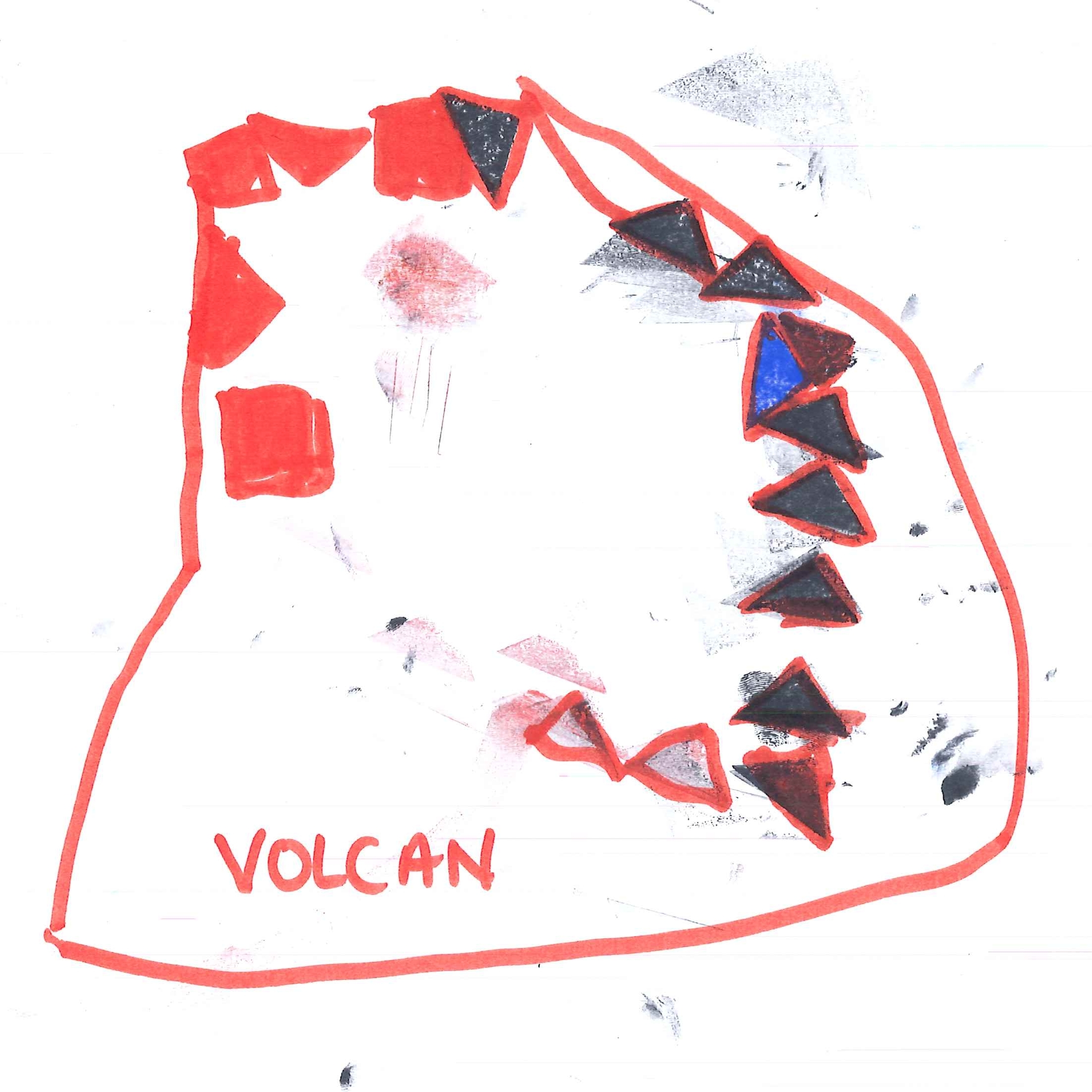 Dessin de Océana (7 ans). Mot: VolcanTechnique: Tampons.