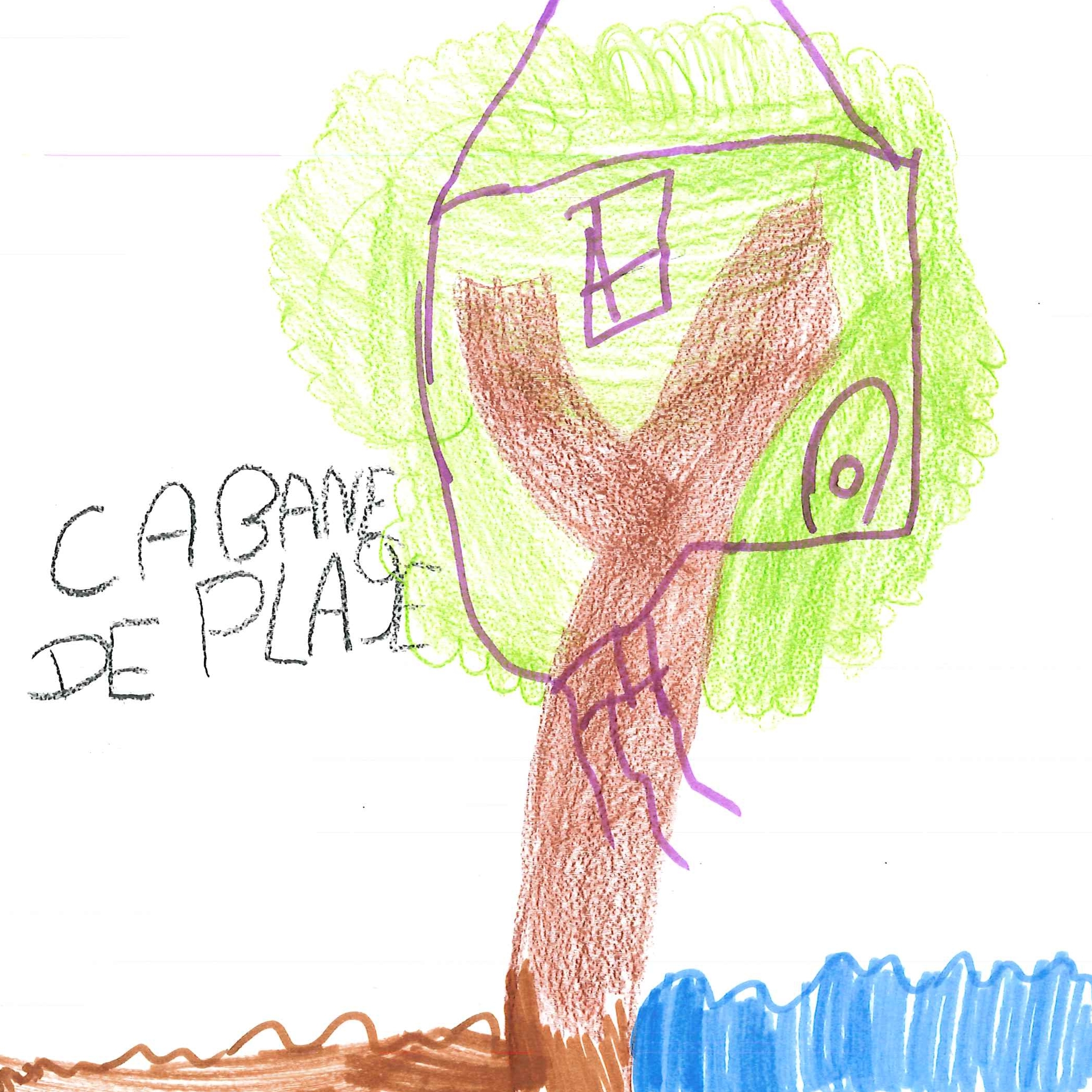 Dessin de Djoumana (8 ans). Mot: Cabane de plageTechnique: Crayons.