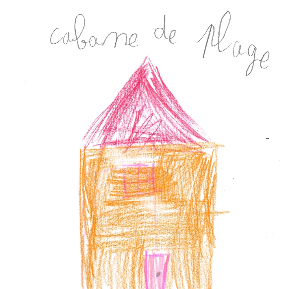 Dessin de Colombe (7 ans). Mot: Cabane de plageTechnique: Crayons.