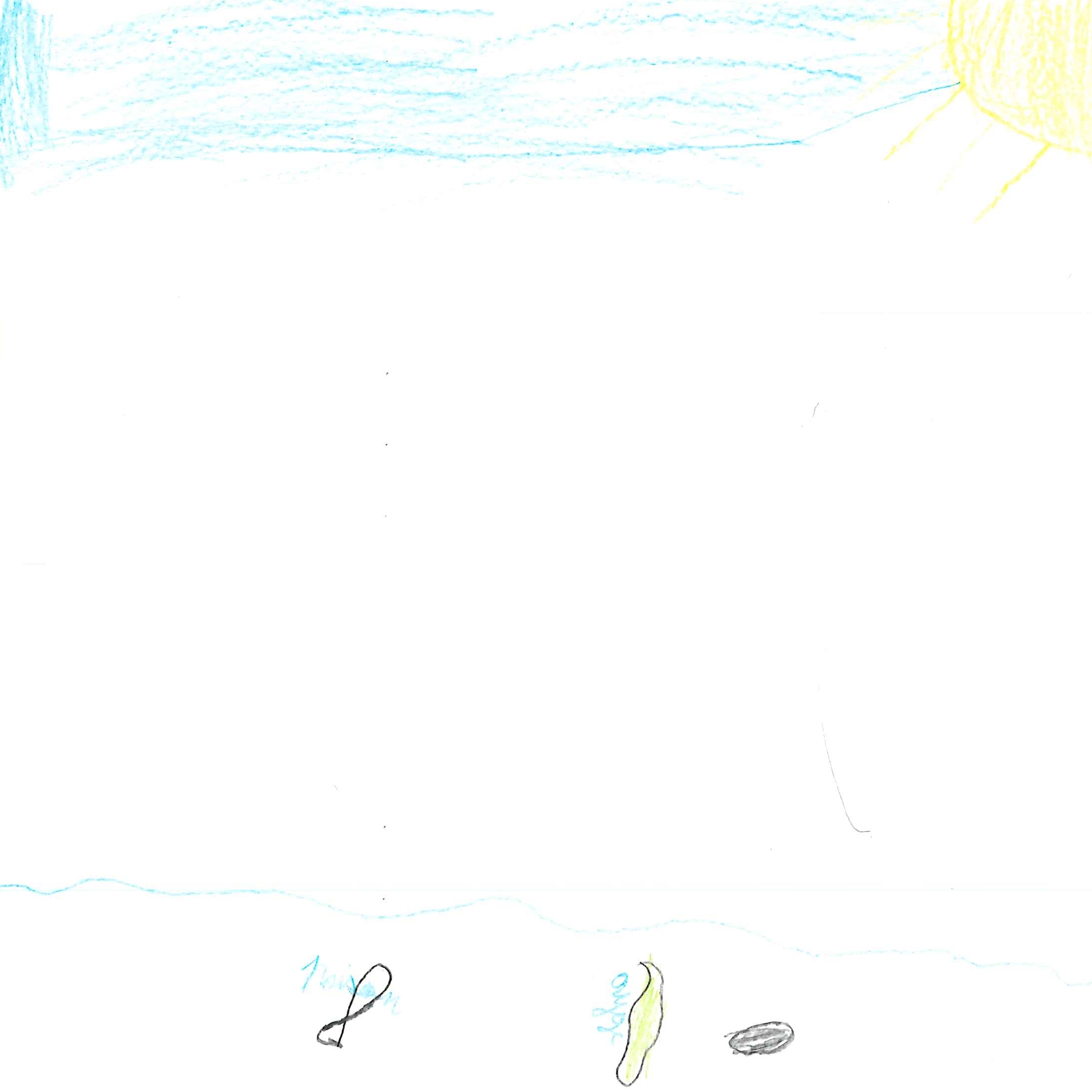 Dessin de Abdel-Malik (7 ans). Mot: MerTechnique: Crayons.