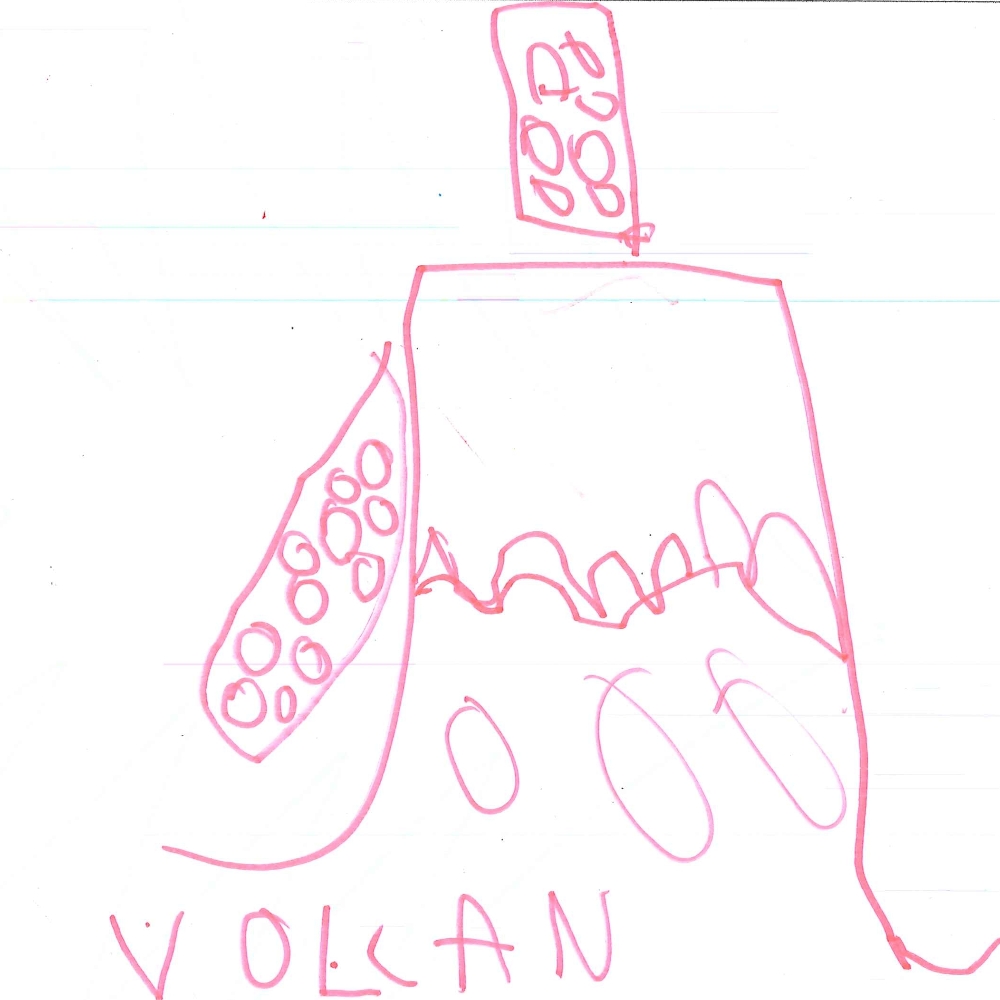 Dessin de Nina (6 ans). Mot: VolcanTechnique: Feutres.