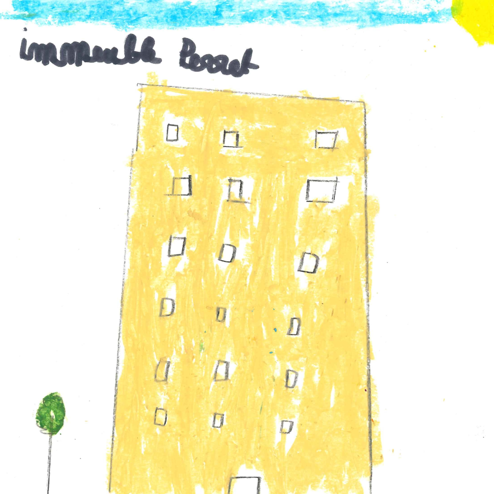 Dessin de Lila (9 ans). Mot: Immeubles PerretTechnique: Pastels.