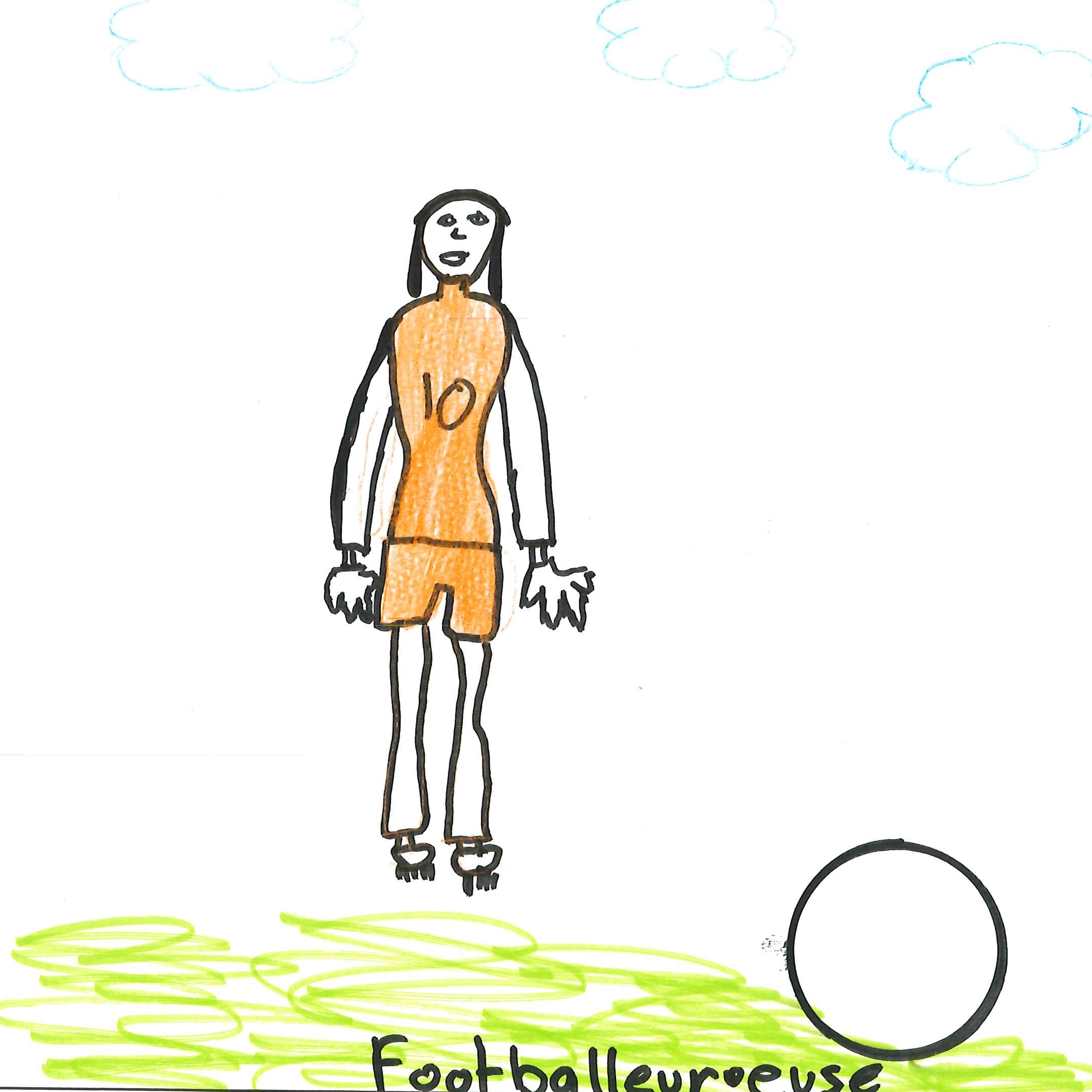 Dessin de Azza (10 ans). Mot: Footballeuse, FootballeurTechnique: Feutres.