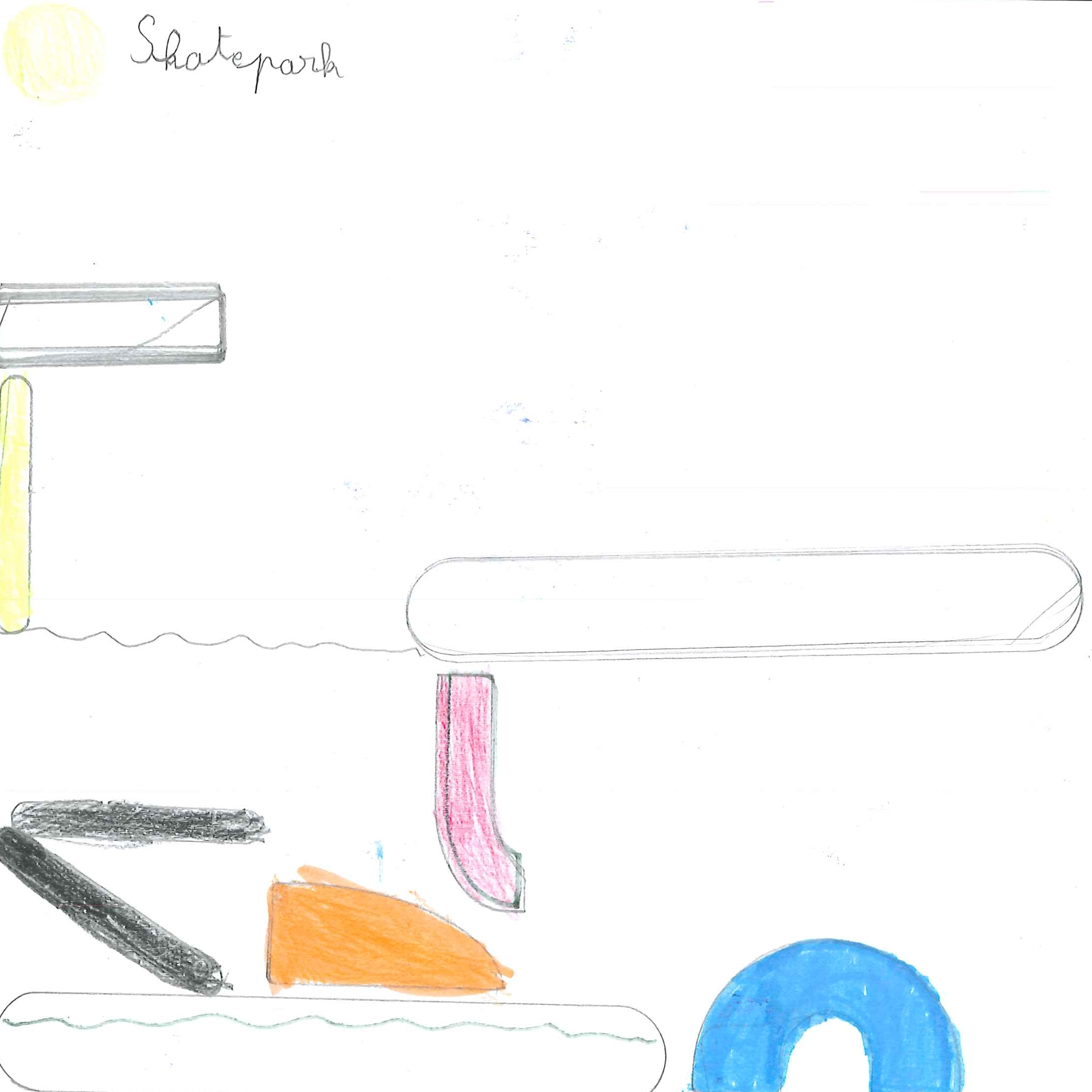 Dessin de Marius (6 ans). Mot: Skate, SkateparkTechnique: Normographe.