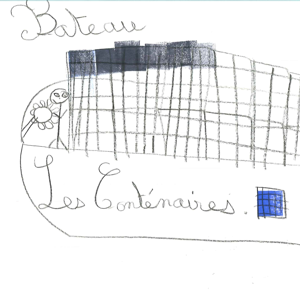 Dessin de Inès (9 ans). Mot: ContainerTechnique: Crayons.