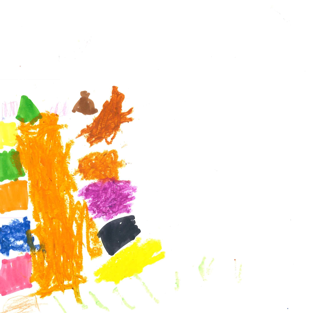 Dessin de Léana (5 ans). Mot: ContainerTechnique: Pastels.
