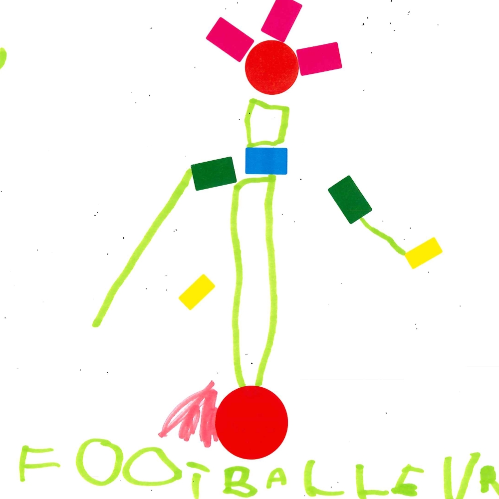 Dessin de Nathan (5 ans). Mot: Footballeur, FootballeuseTechnique: Gommettes.