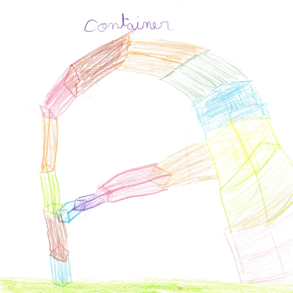 Dessin de Amin (10 ans). Mot: ContainerTechnique: Crayons.