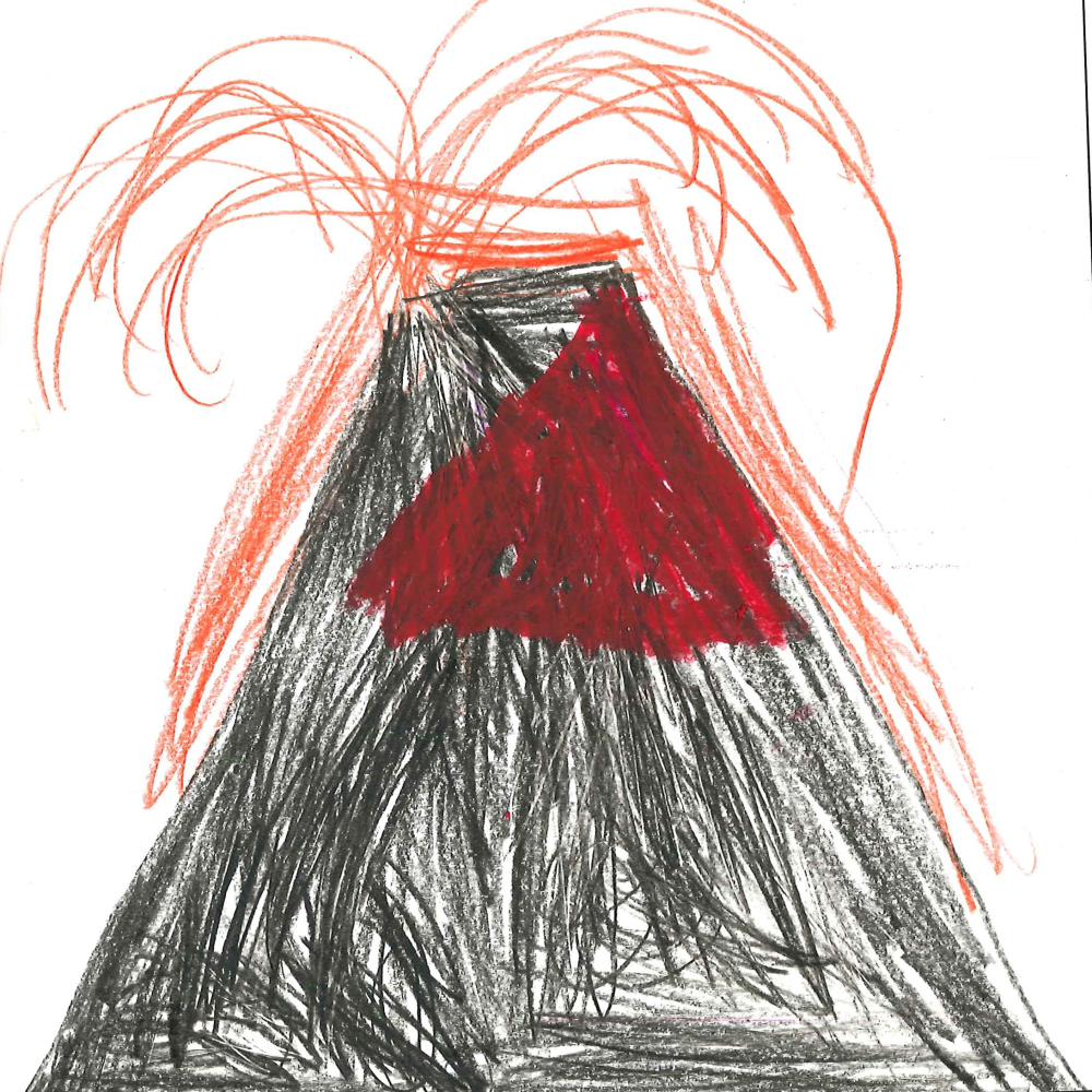 Dessin de Camila (5 ans). Mot: VolcanTechnique: Crayons.
