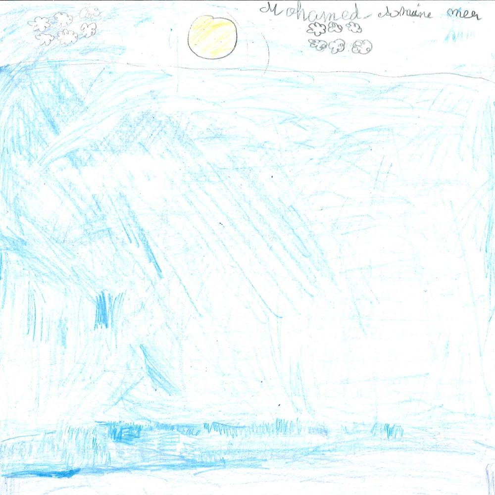 Dessin de Mohamed - Amine (7 ans). Mot: MerTechnique: Crayons.