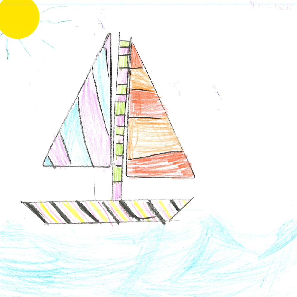 Dessin de Agathe (6 ans). Mot: BateauTechnique: Crayons.