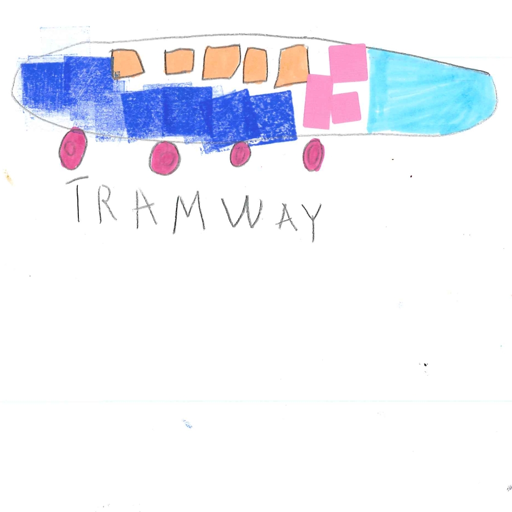 Dessin de Dahlia (7 ans). Mot: TramwayTechnique: Tampons.