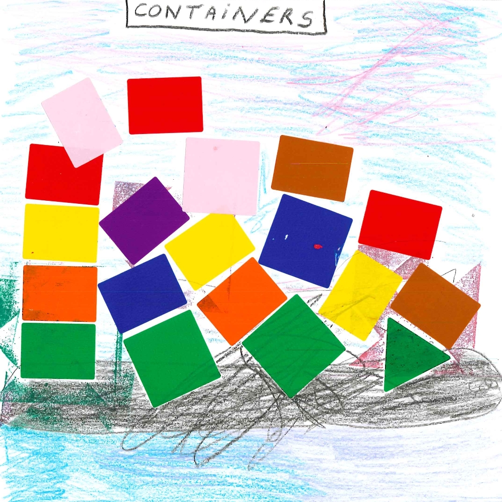Dessin de Emma (2 ans). Mot: ContainerTechnique: Découpage / Collage.