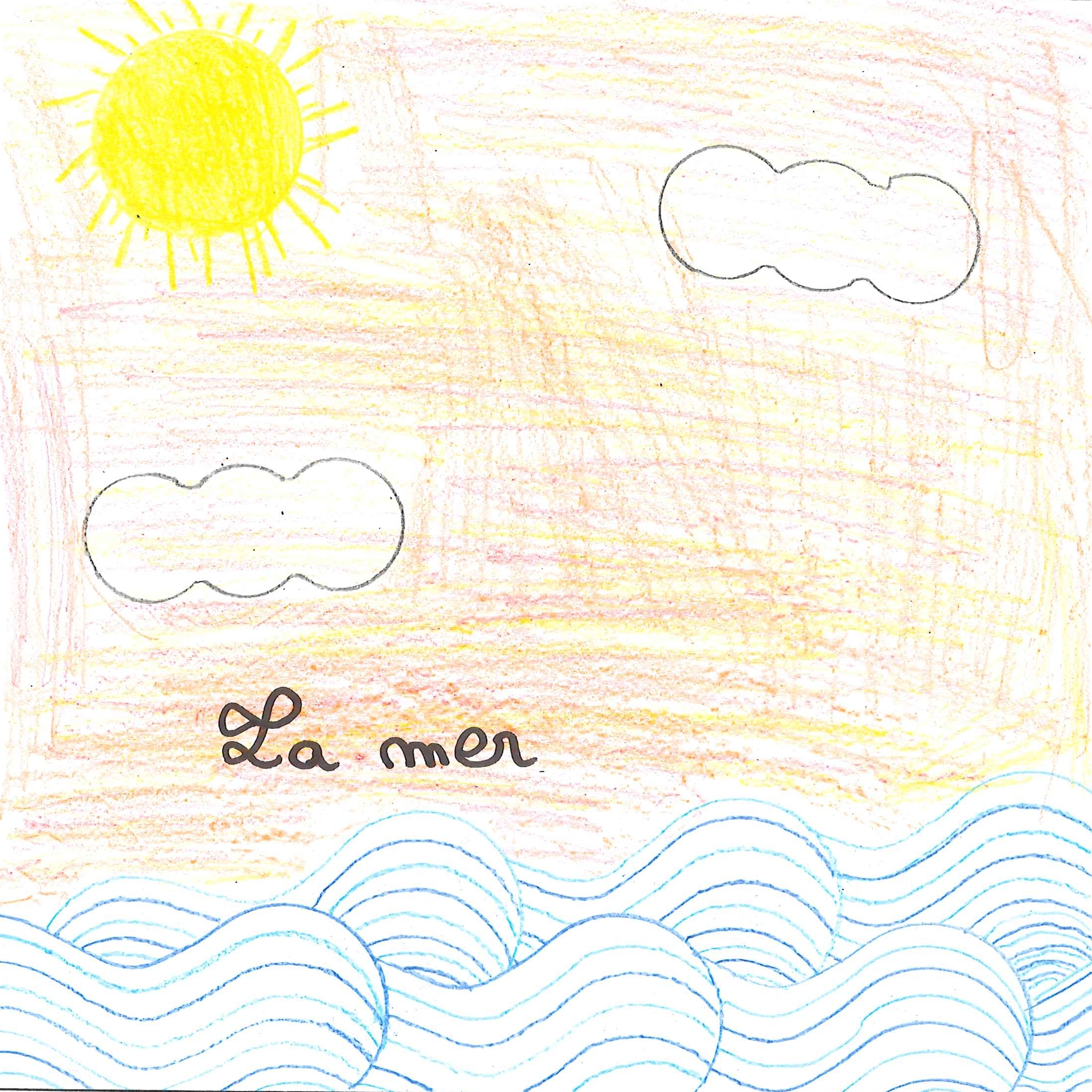 Dessin de Kassim (12 ans). Mot: MerTechnique: Crayons.