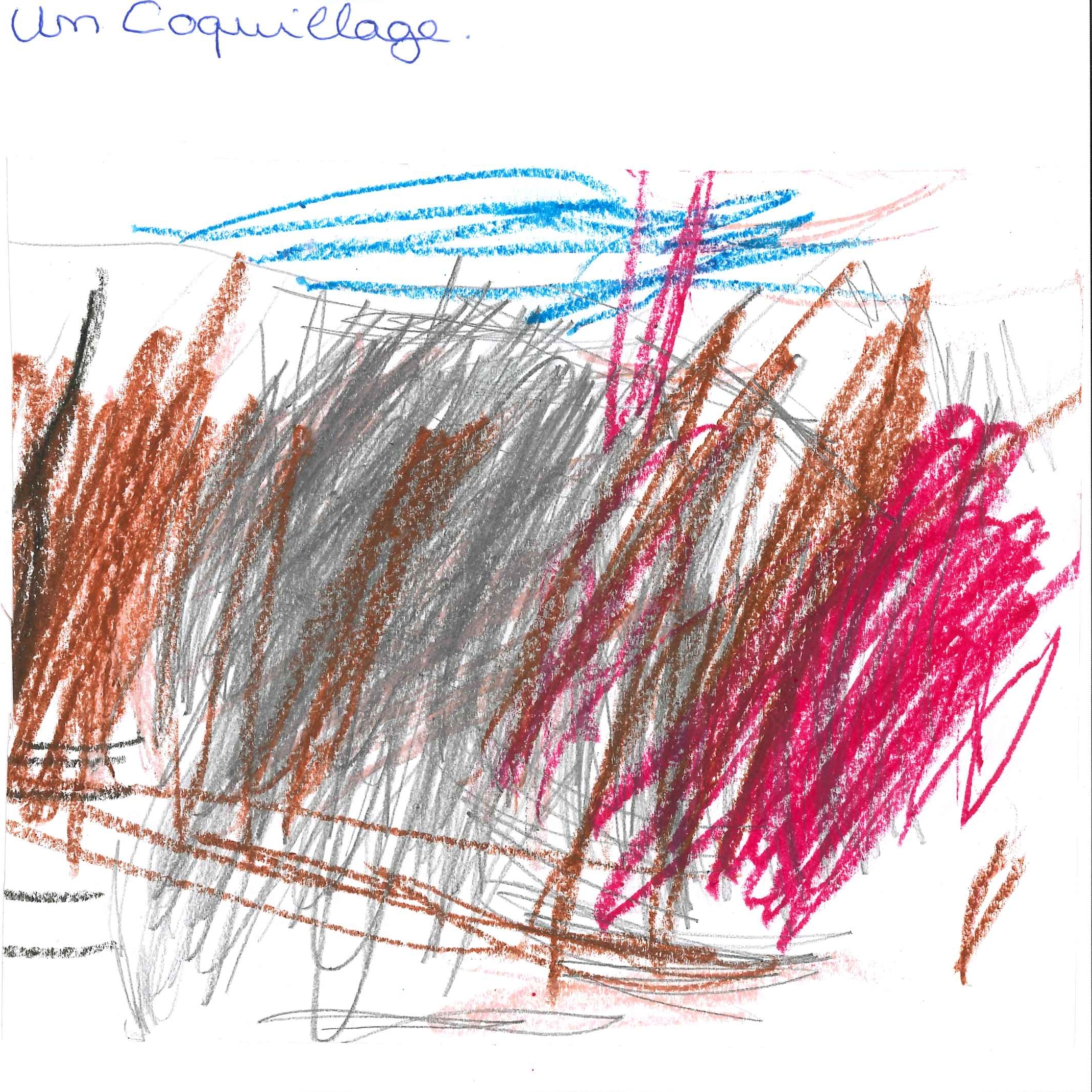Dessin de Sofia (3 ans). Mot: CoquillageTechnique: Pastels.