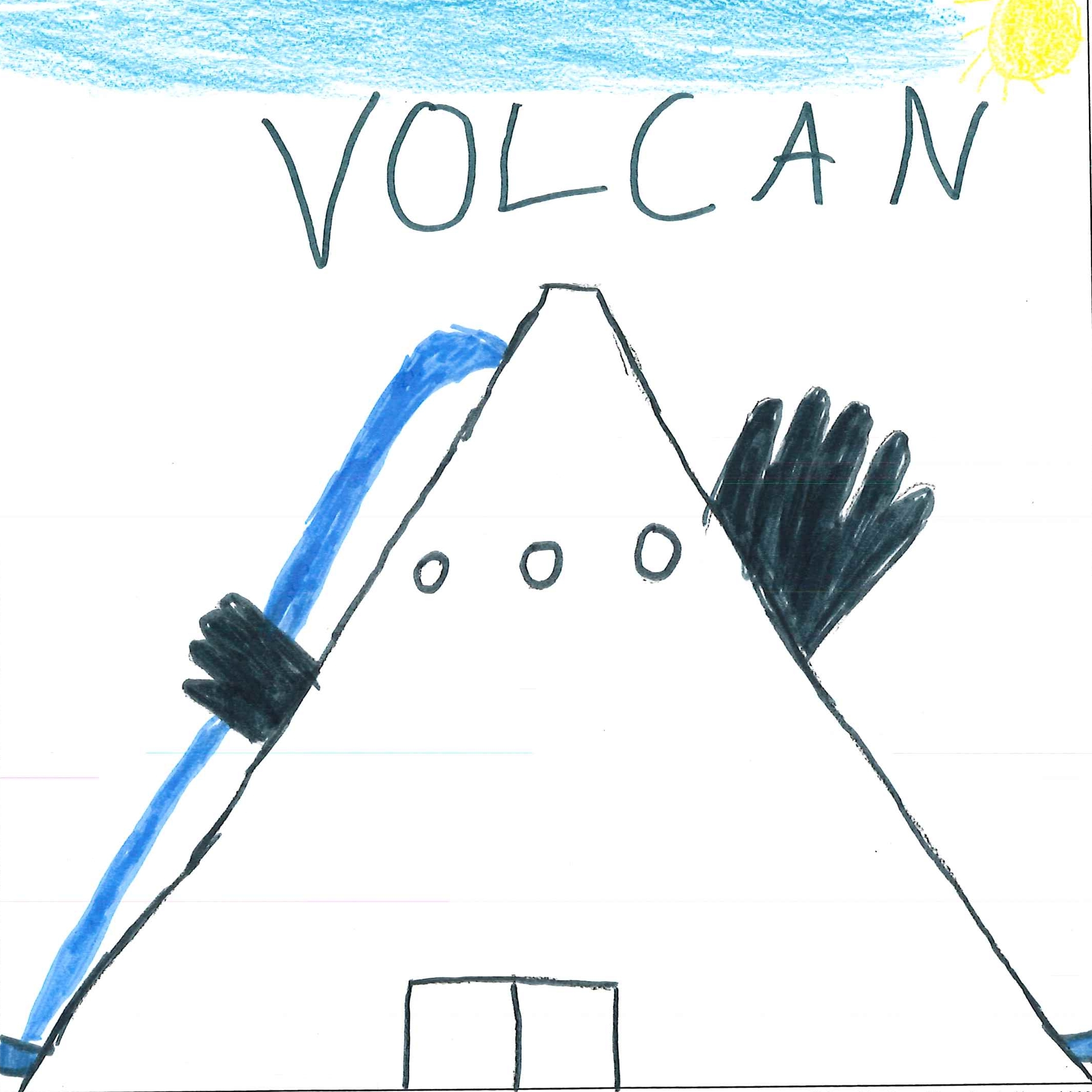 Dessin de Ethan (9 ans). Mot: VolcanTechnique: Feutres.
