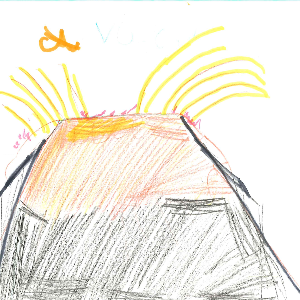Dessin de Albane (6 ans). Mot: VolcanTechnique: Crayons.