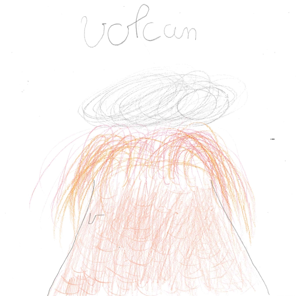 Dessin de Louise (8 ans). Mot: VolcanTechnique: Crayons.