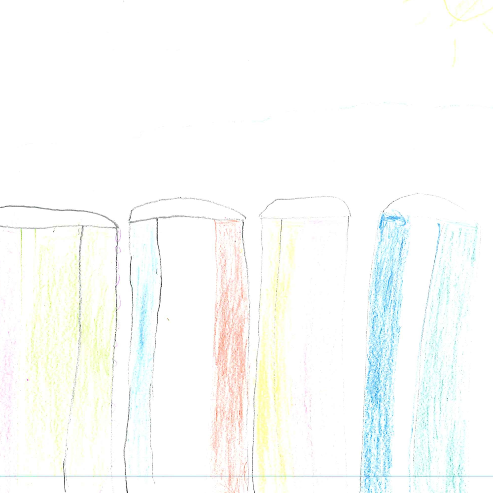 Dessin de Lézéa (10 ans). Mot: Cabane de plageTechnique: Crayons.