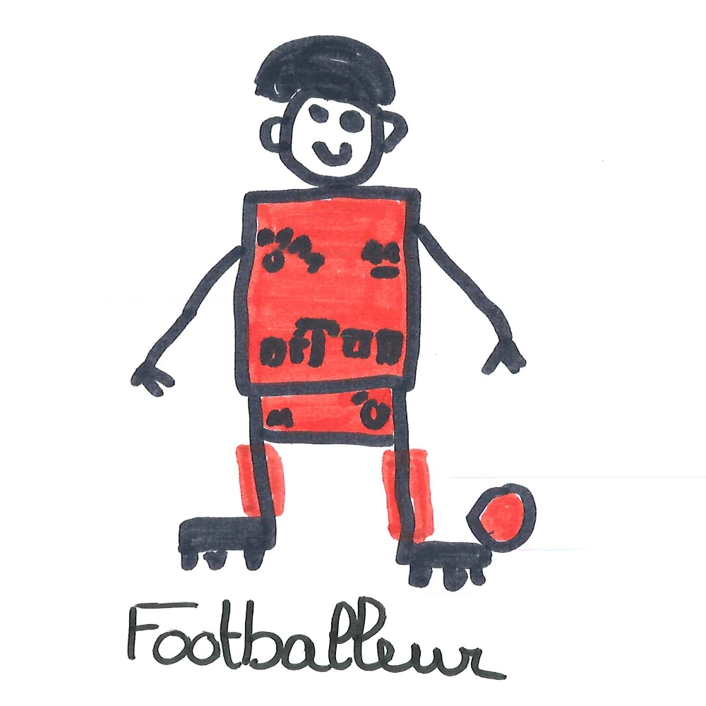 Dessin de Giovanni (13 ans). Mot: Footballeur, FootballeuseTechnique: Feutres.