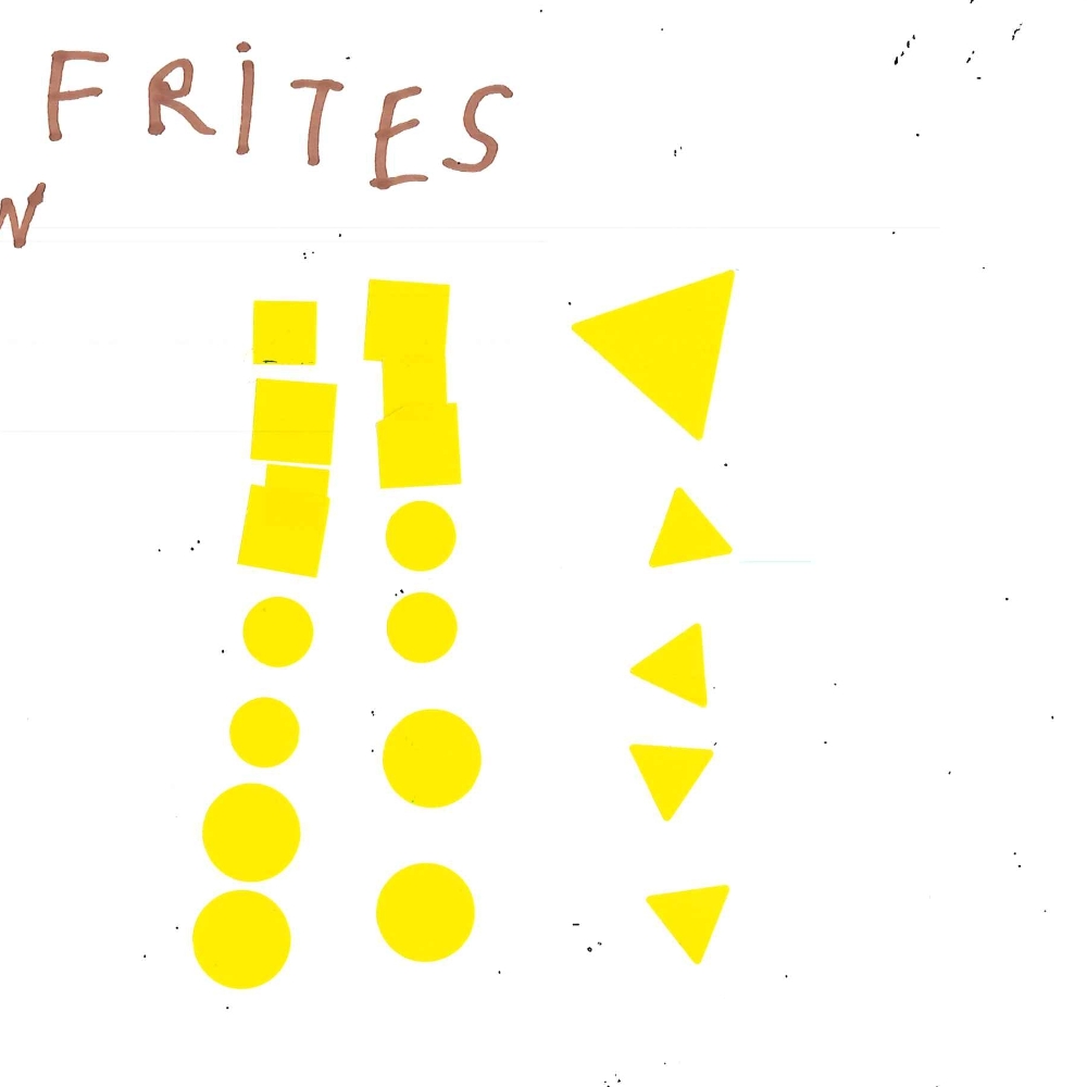 Dessin de Hosman (5 ans). Mot: Frites à VictorTechnique: Gommettes.