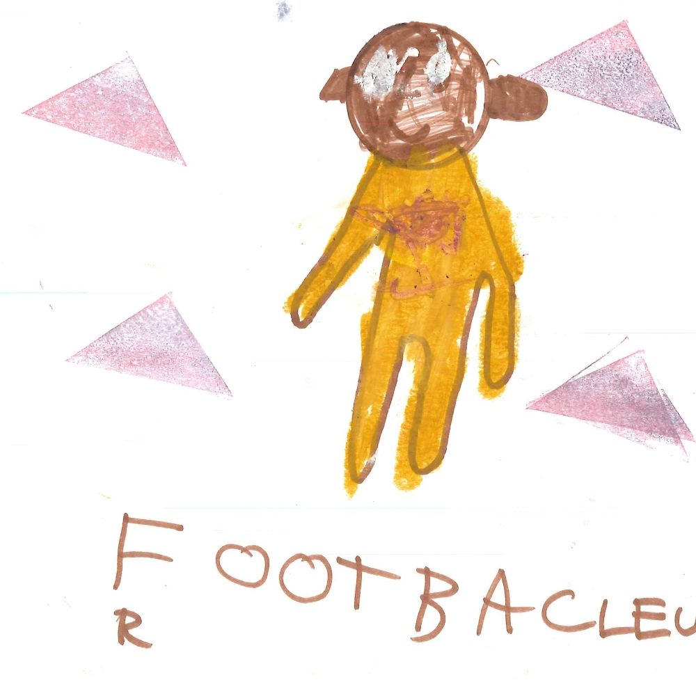 Dessin de Myriam (7 ans). Mot: Footballeuse, FootballeurTechnique: Pastels.