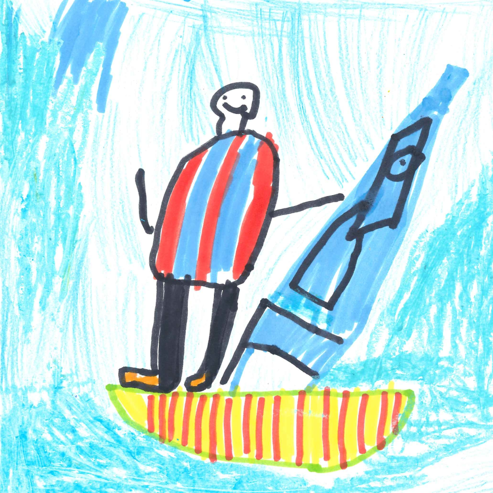 Dessin de Isaiah (6 ans). Mot: Planche à voileTechnique: Crayons.
