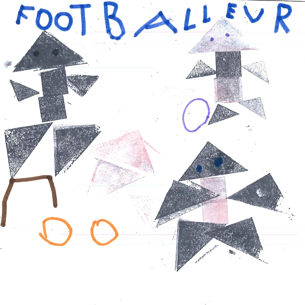 Dessin de Leo (5 ans). Mot: Footballeur, FootballeuseTechnique: Tampons.