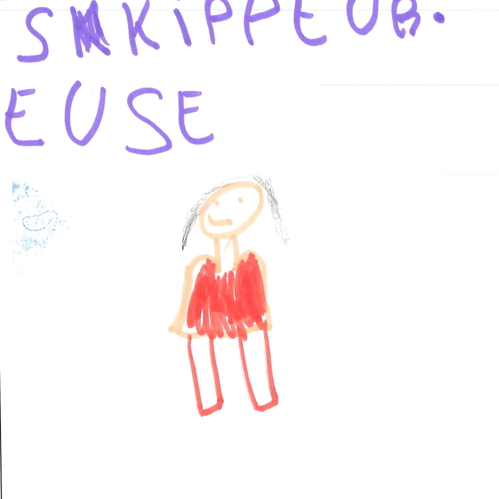 Dessin de Saïs (8 ans). Mot: Skippeur / SkippeuseTechnique: Crayons.