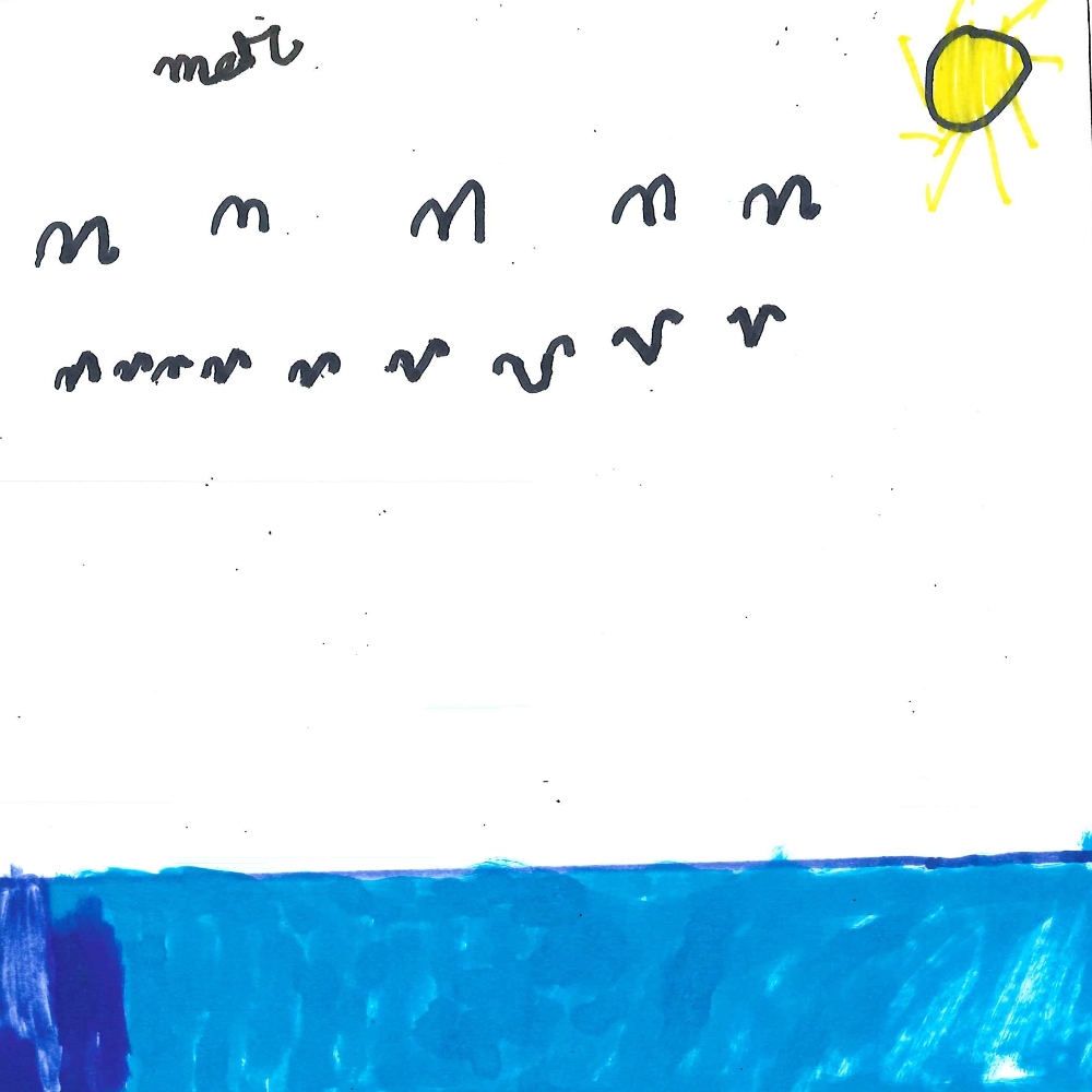 Dessin de Edouard (6 ans). Mot: MerTechnique: Feutres.