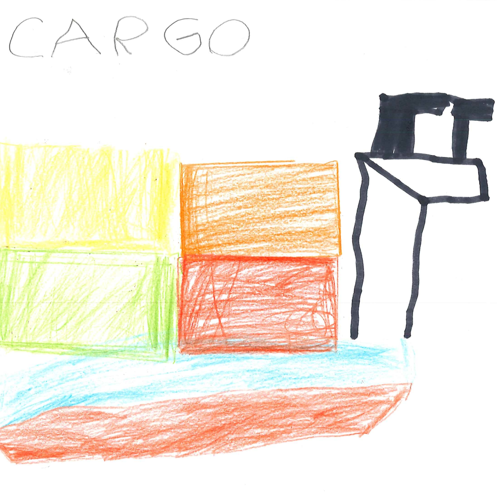 Dessin de Melchor (5 ans). Mot: CargoTechnique: Crayons.