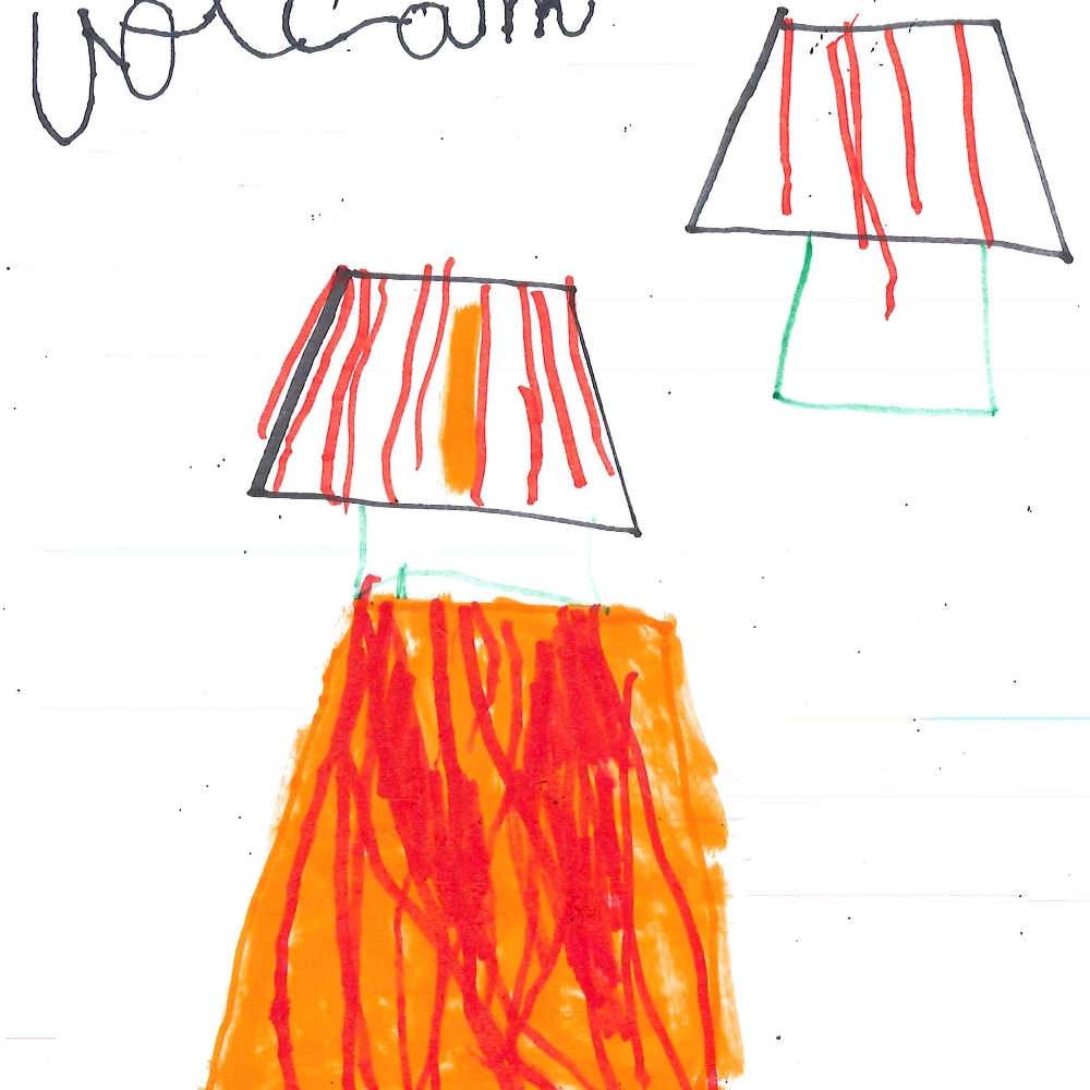 Dessin de Yann (5 ans). Mot: VolcanTechnique: Feutres.