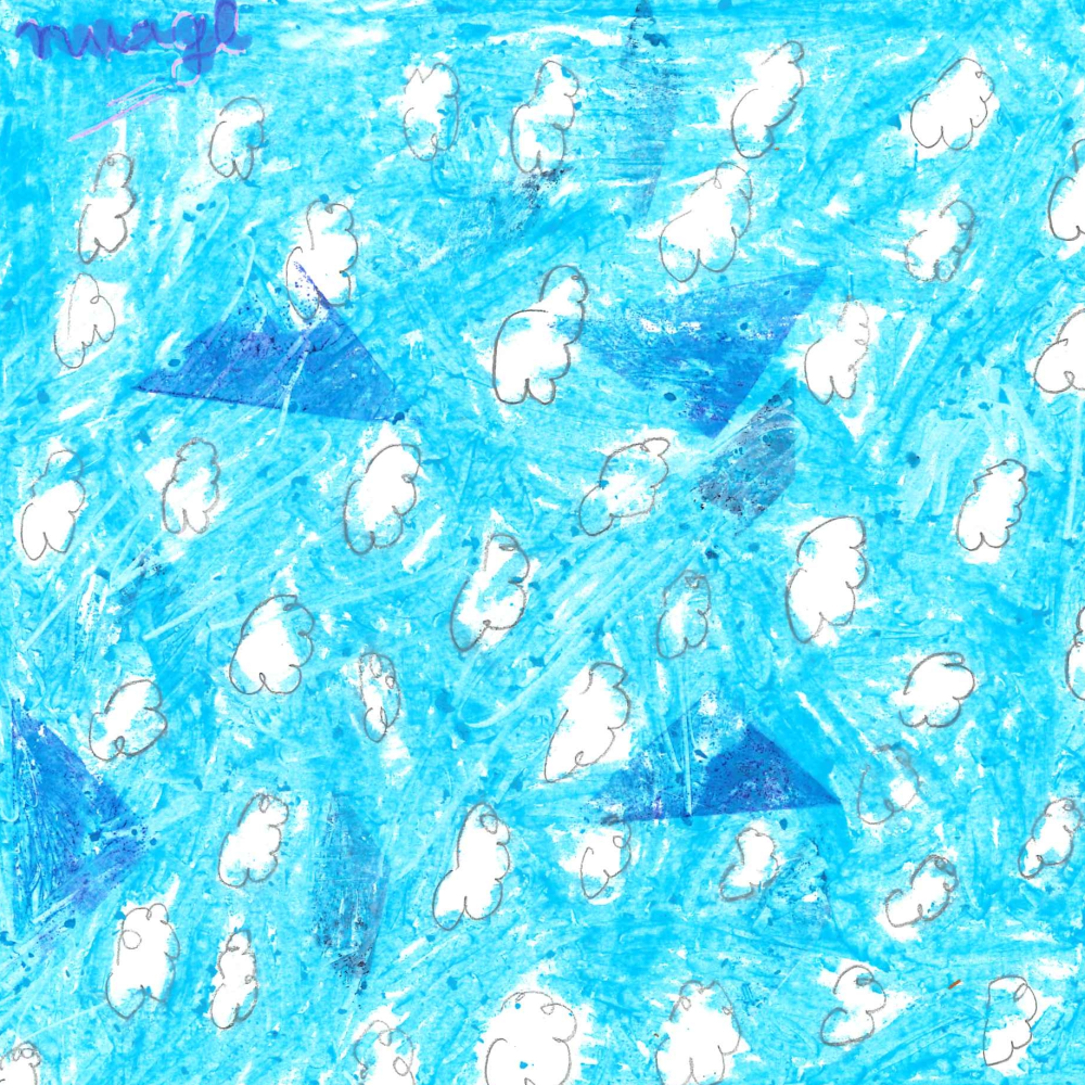 Dessin de Cléa (8 ans). Mot: NuageTechnique: Pastels.