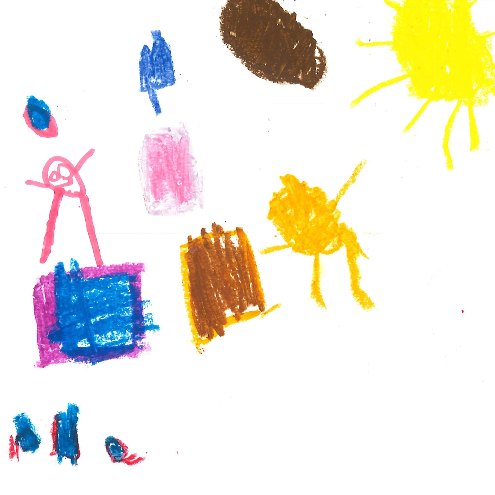 Dessin de Alicia (3 ans). Mot: Cabane de plageTechnique: Pastels.
