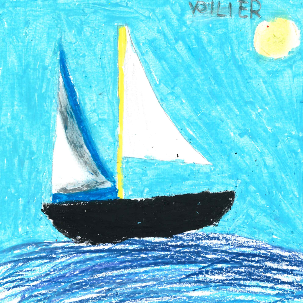 Dessin de Victoire (9 ans). Mot: VoilierTechnique: Pastels.