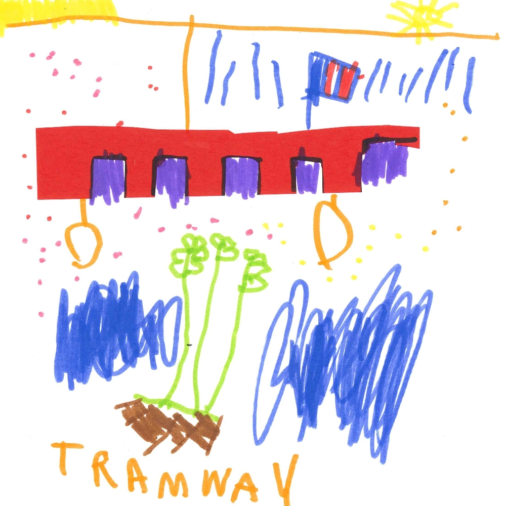 Dessin de Terence (4 ans). Mot: TramwayTechnique: Découpage / Collage.