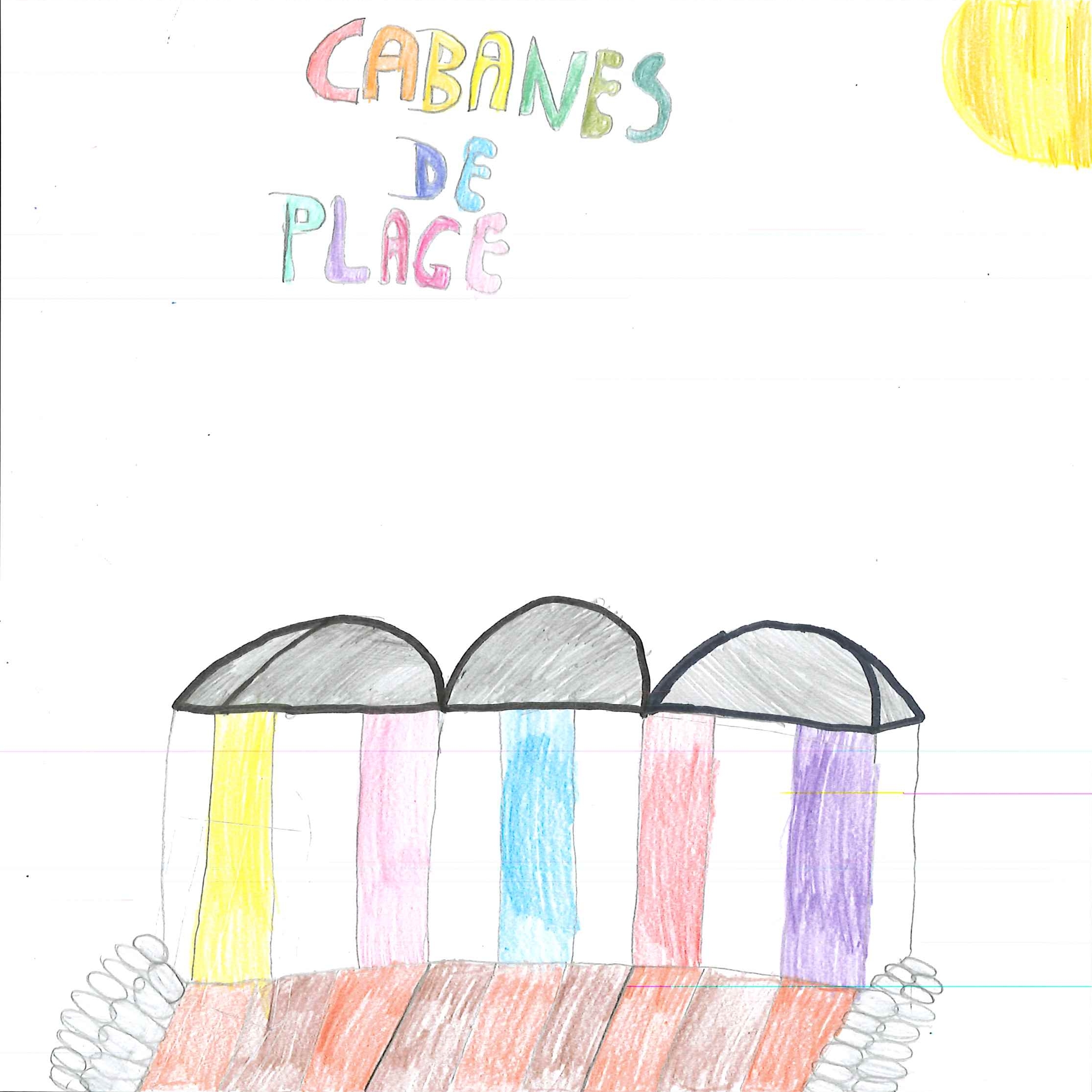 Dessin de Zohra (9 ans). Mot: Cabane de plageTechnique: Crayons.