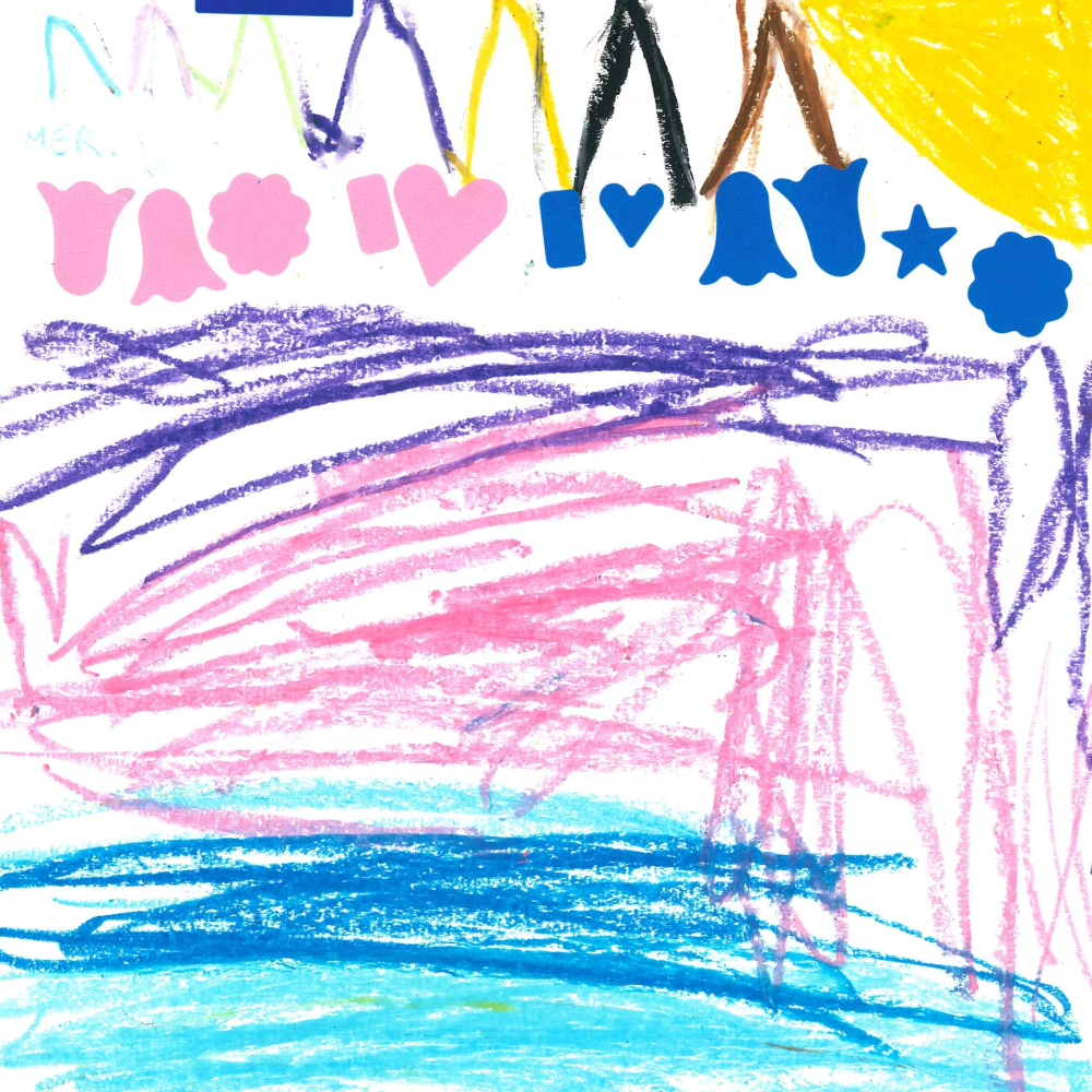 Dessin de Lison (4 ans). Mot: MerTechnique: Pastels.