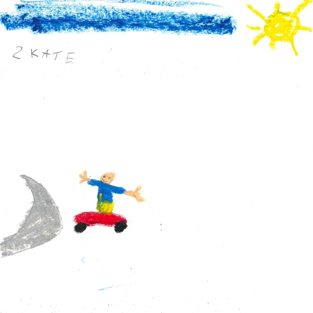 Dessin de Mohamed (7 ans). Mot: Skate, SkateparkTechnique: Pastels.