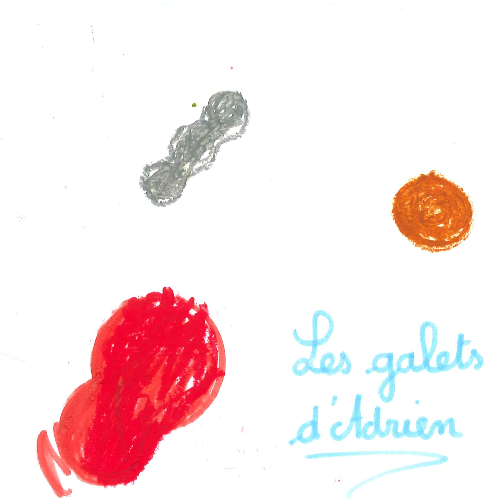 Dessin de Adrien (3 ans). Mot: GaletsTechnique: Pastels.